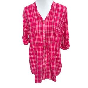 JMS Plaid 3/4 Sleeve Button Down Shirt Pink White Size 2X